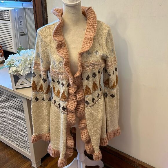Matilda Jane cream pink open ruffle patterned cardigan Size M New - Picture 1 of 12